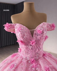 Pink Sparkly Lace Applique Wedding Gowns Off the Shoulder 3D Flower Quince Dress 241084