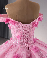 Pink Sparkly Lace Applique Wedding Gowns Off the Shoulder 3D Flower Quince Dress 241084