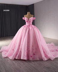 Pink Sparkly Lace Applique Wedding Gowns Off the Shoulder 3D Flower Quince Dress 241084
