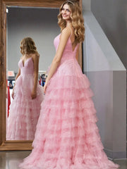 Pink Sparkly Tulle Prom Dresses Ruffled Spaghetti Strap Formal Dresses - FD3509