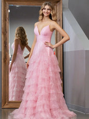 Pink Sparkly Tulle Prom Dresses Ruffled Spaghetti Strap Formal Dresses - FD3509