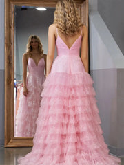 Pink Sparkly Tulle Prom Dresses Ruffled Spaghetti Strap Formal Dresses - FD3509