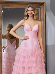 Pink Sparkly Tulle Prom Dresses Ruffled Spaghetti Strap Formal Dresses - FD3509