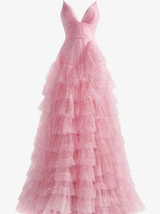 Pink Sparkly Tulle Prom Dresses Ruffled Spaghetti Strap Formal Dresses - FD3509