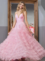 Pink Sparkly Tulle Prom Dresses Ruffled Spaghetti Strap Formal Dresses - FD3509