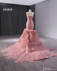 Pink Strapless Mermaid Wedding Gown Ruched Ruffled Lace Applique Pageant Dress 241014