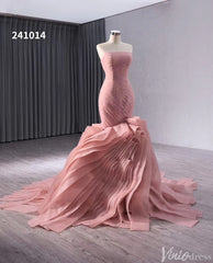 Pink Strapless Mermaid Wedding Gown Ruched Ruffled Lace Applique Pageant Dress 241014