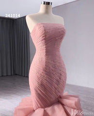 Pink Strapless Mermaid Wedding Gown Ruched Ruffled Lace Applique Pageant Dress 241014