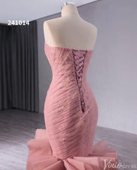 Pink Strapless Mermaid Wedding Gown Ruched Ruffled Lace Applique Pageant Dress 241014