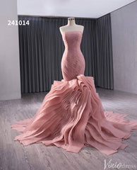 Pink Strapless Mermaid Wedding Gown Ruched Ruffled Lace Applique Pageant Dress 241014