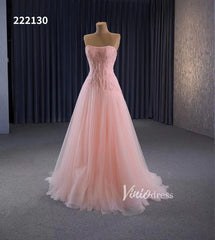 Pink Strapless Prom Dresses Beaded Tulle Formal Dress 222130