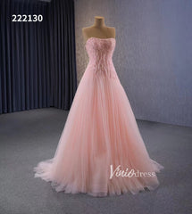 Pink Strapless Prom Dresses Beaded Tulle Formal Dress 222130