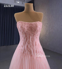 Pink Strapless Prom Dresses Beaded Tulle Formal Dress 222130