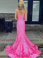 Pink Strapless Satin Mermaid Prom Dresses 2025 with Slit & 3D Flowers – FD5055