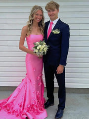 Pink Strapless Satin Mermaid Prom Dresses 2025 with Slit & 3D Flowers – FD5055