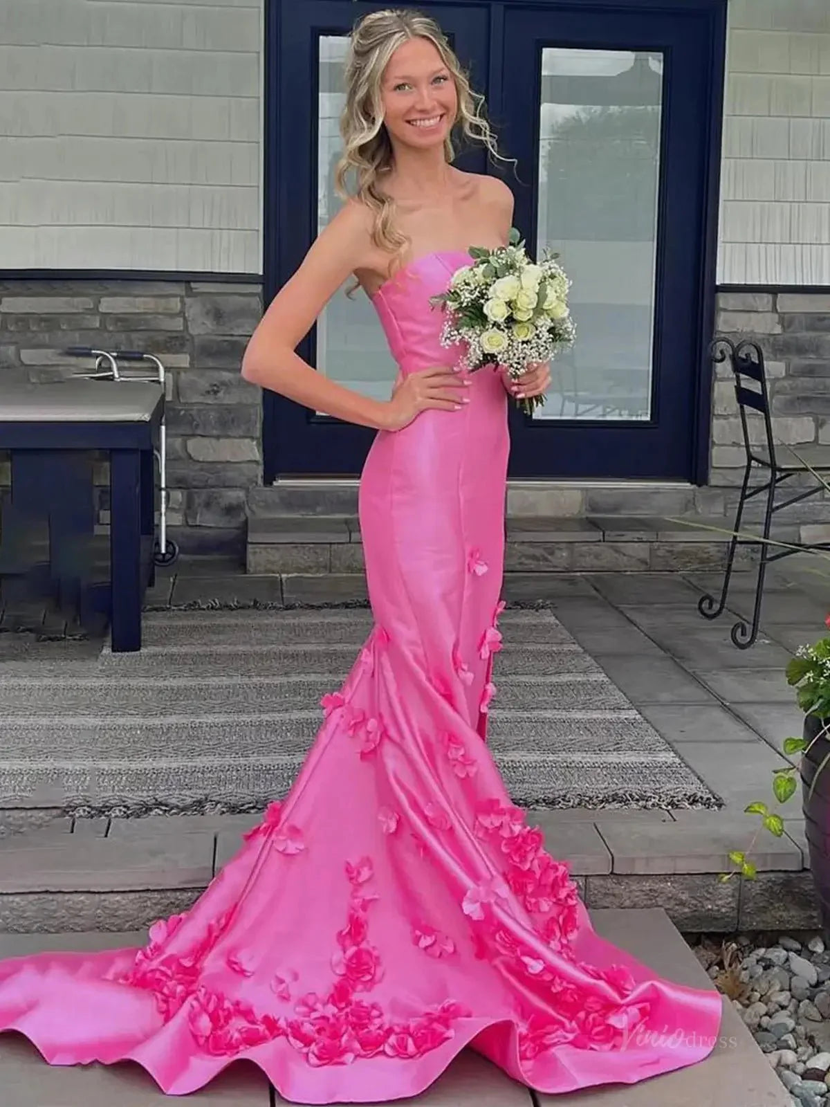 Pink Strapless Satin Mermaid Prom Dresses 2025 with Slit & 3D Flowers – FD5055