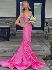 Pink Strapless Satin Mermaid Prom Dresses 2025 with Slit & 3D Flowers – FD5055