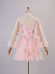 Sweetheart Embroidery Short-Length Tulle Puff Sleeves Cocktail Dress