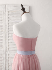 Pink Sweetheart Neck Tulle Long Prom Dress, Aline Pink Bridesmaid Dress