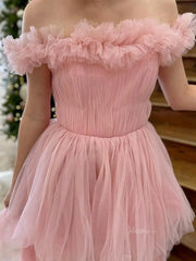 Pink Tiered Ruffled Prom Dresses with Slit Off the Shoulder Pleated Tulle Formal Dress - FD3717