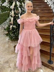 Pink Tiered Ruffled Prom Dresses with Slit Off the Shoulder Pleated Tulle Formal Dress - FD3717