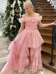 Pink Tiered Ruffled Prom Dresses with Slit Off the Shoulder Pleated Tulle Formal Dress - FD3717