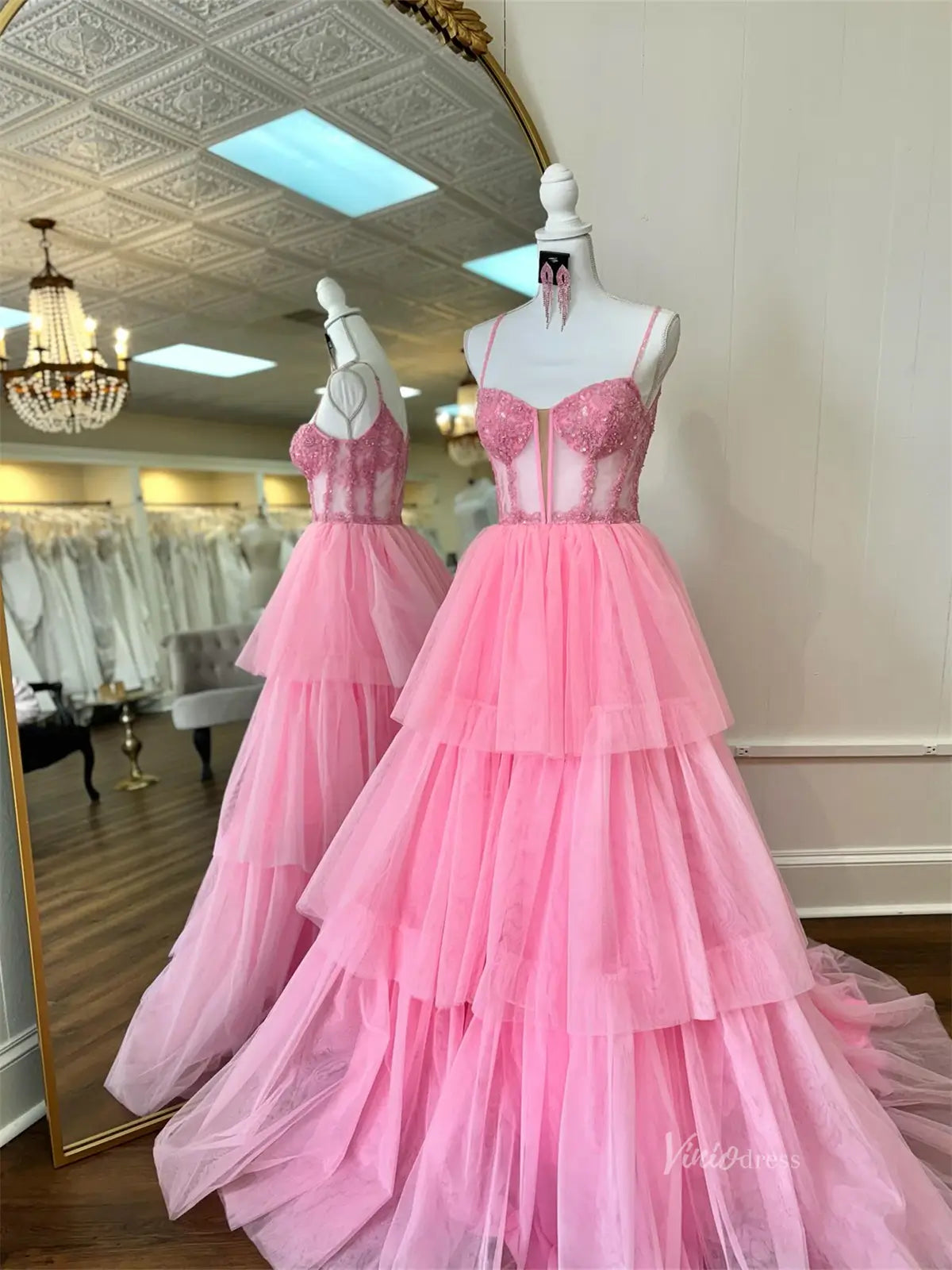 Pink Tiered Tulle Prom Dresses with Sequin Lace, Spaghetti Straps & Sheer Boned Bodice - FD3738