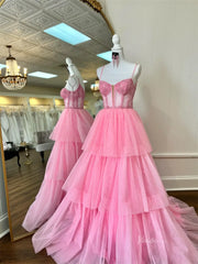 Pink Tiered Tulle Prom Dresses with Sequin Lace, Spaghetti Straps & Sheer Boned Bodice - FD3738