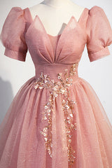 Pink Tulle Floor Length Prom Dress, Cute Short Sleeve Evening Dress
