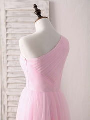 Pink Tulle One Shoulder Long Prom Dress Pink Bridesmaid Dress