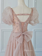 Pink Tulle Prom Dresses Puffed Sleeve Formal Dress FD3235