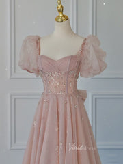 Pink Tulle Prom Dresses Puffed Sleeve Formal Dress FD3235