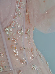 Pink Tulle Prom Dresses Puffed Sleeve Formal Dress FD3235