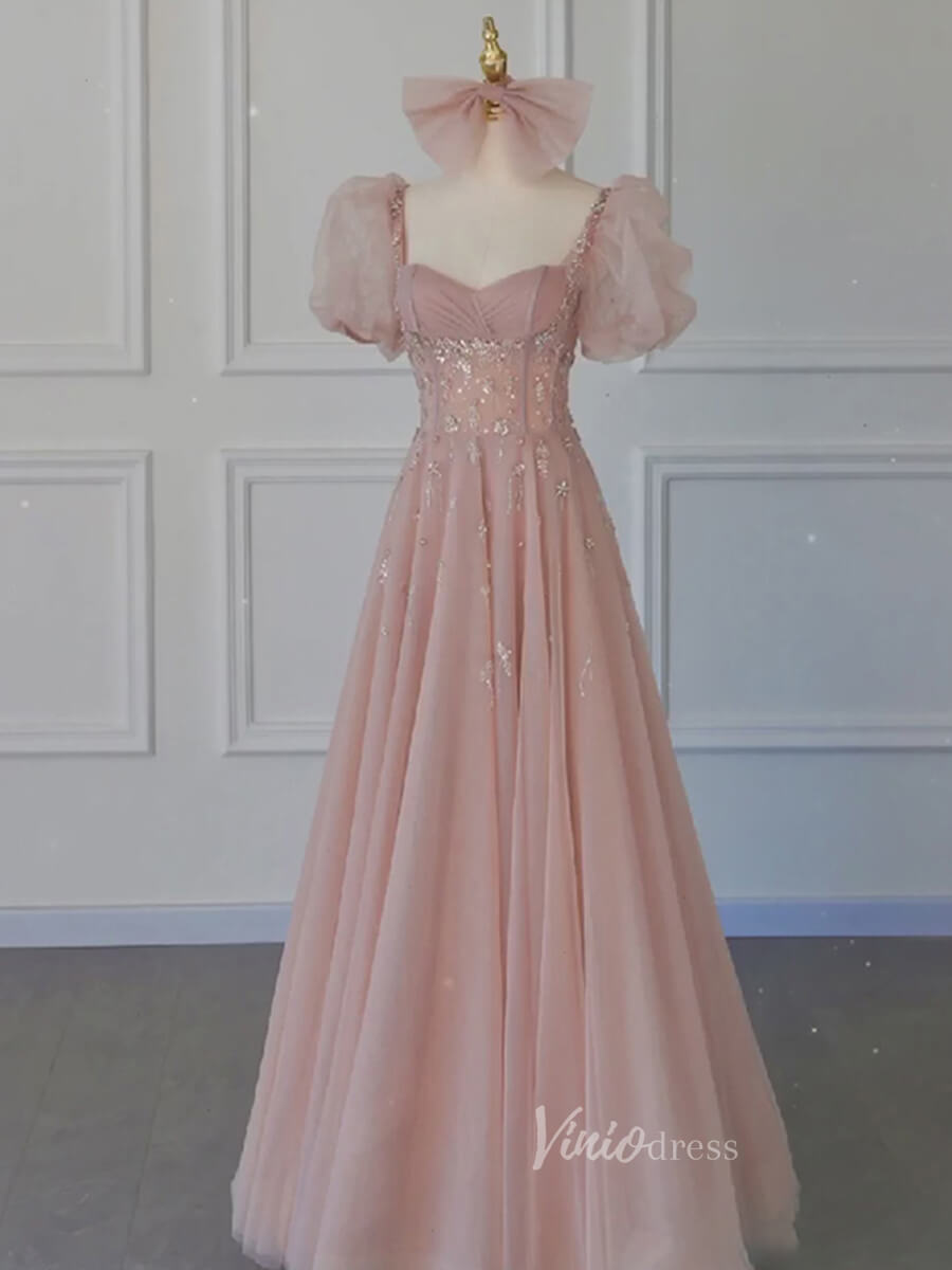 Pink Tulle Prom Dresses Puffed Sleeve Formal Dress FD3235