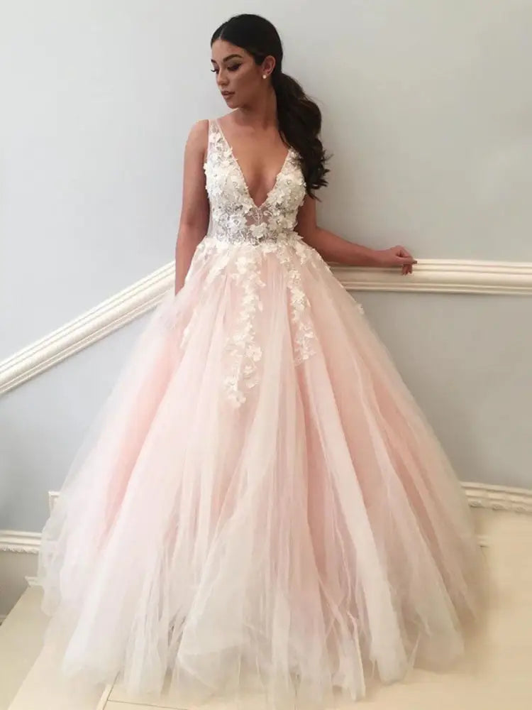 Pink V Neck Backless Lace Appliques Tulle Ball Gown Wedding Dress