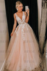 Pink V Neck Backless Lace Appliques Tulle Ball Gown Wedding Dress