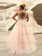 Pink V Neck Backless Lace Appliques Tulle Ball Gown Wedding Dress