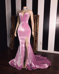Pink Velvet Sweetheart Prom Dresses Elegant Side Slit Mermaid Long Evening Gowns