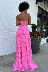 Lavender Long Tiered Violet Prom Dress Ruffle High Neck with 3D Flower