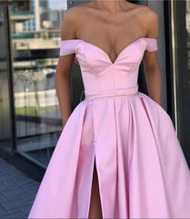 Off Shoulder Pink High Slit Prom Dresses, Off Shoulder Formal Dresses, Graduation Dresses