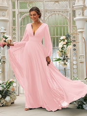 A-Line/Princess Chiffon Ruffles V-neck Long Sleeves Sweep/Brush Train Bridesmaid Dresses A-Line/Princess Chiffon Ruffles V-neck Long Sleeves Sweep/Brush Train Bridesmaid Dresses