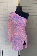 One Shoulder Sequined Homecoming Dress Hot Pink Long Sleeve
