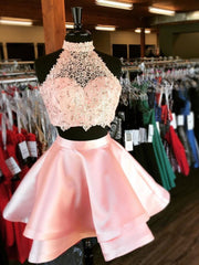 Custom Made A Line 2 Pieces Halter Neck Short Lace Light Blue/Burgundy/Dark Blue/Pink Prom Dresses, 2 Pieces Homecoming Dresses, Lace Formal Dresses, Graduation Dresses