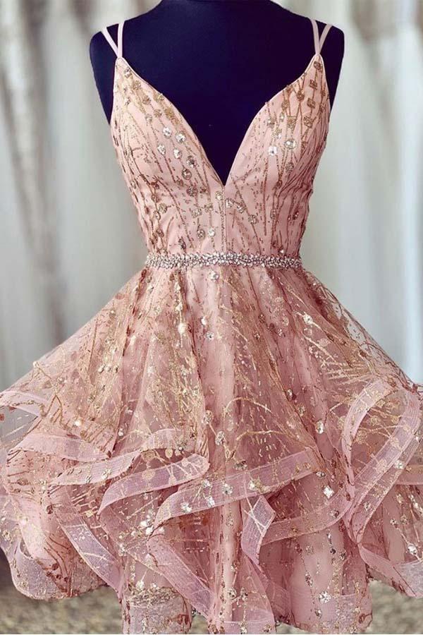 Pink Short Homecoming Dresses Sequined Party Dress  V-neck Evening Dress HD0118