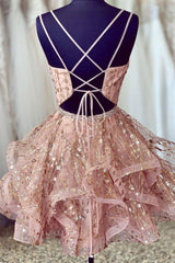 Pink Short Homecoming Dresses Sequined Party Dress  V-neck Evening Dress HD0118