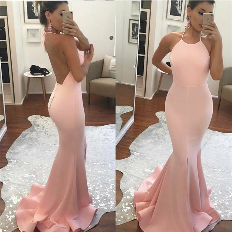 Simple Pink Prom Dresses Sleeveless Mermaid Halter Backless Gowns