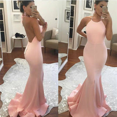 Simple Pink Prom Dresses Sleeveless Mermaid Halter Backless Gowns