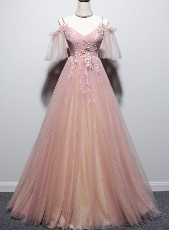Pink Tulle V-neckline Floral Long Prom Dress, Pink Straps Party Dress