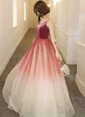 Lovely Pink Gradient Velvet Top Long Evening Dress, A-line Pink Tulle Prom Dress Party Dress