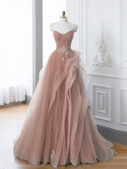 Pink A-Line Off Shoulder Long Prom Dress, Pink Lace Long Evening Dress